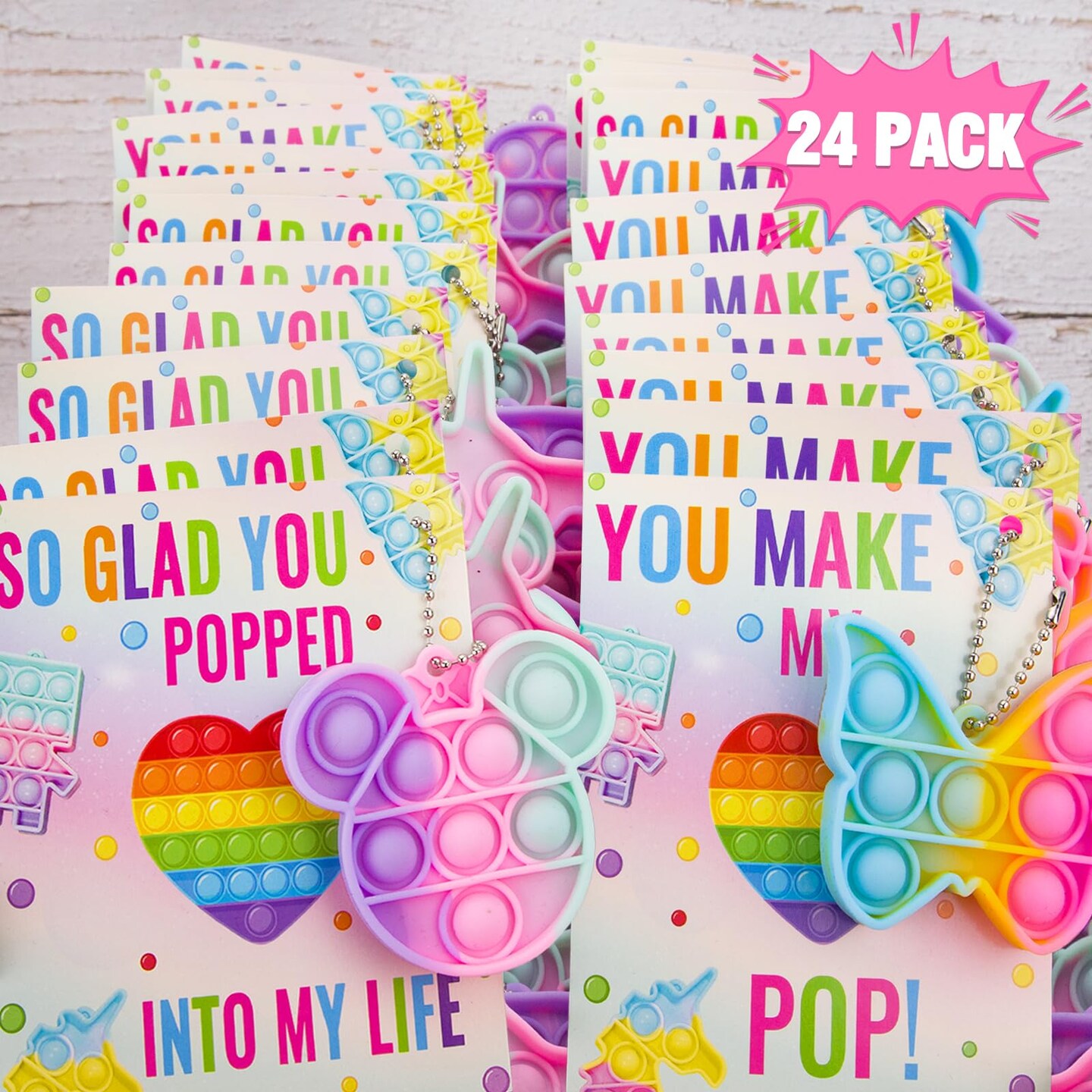 24 Valentines Day Gifts for Kids - Valentines Cards with Pop Bubbles Bulk- Valentine Exchange for Girls Boys School Class Classroom Fidget Toys Party Favors