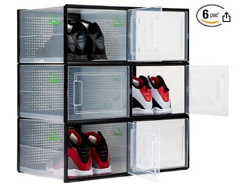 BLACK LARGE 6 PACK - 14.6 Inches Long for BIG Shoes & Sneakers, Shoe Storage Organizer, Shoe Storage Boxes, Shoe Box Clear Plastic Stackable, Shoe Containers, Closet Shoe Organizer