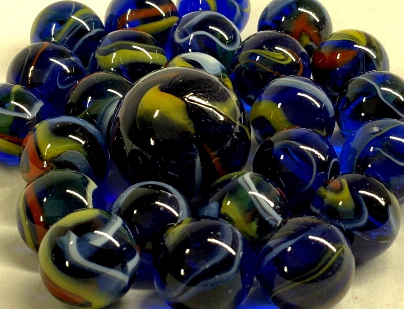 25 Glass Marbles ECLIPSE Cobalt Blue Red Yellow Transparent Shooter