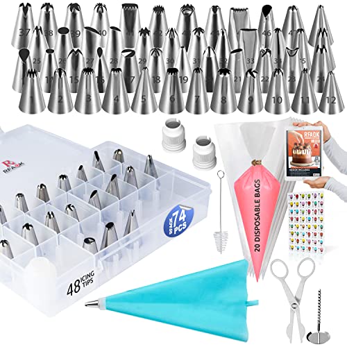 RFAQK 74 PCs Icing Piping Bags and Tips Set, Cake Decorating Kit with 48-Numbered Piping Tips, 20+1 Pastry Bags for Cookie Cupcake Cake Decoration, Cake Decorating Tips Set with Booklet and E-book