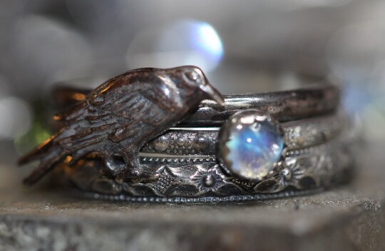 raven nevermore set with moonstone ring and raven