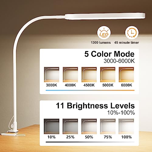 Desk Lamp for Office Home- 34" LED Desk Light - Touch Control - 5 Color Modes X 11 Brightness Levels - 1300ML(112 Pcs Lamp Beads) - Timmer & Memory Function - 12W Clip On Light - White