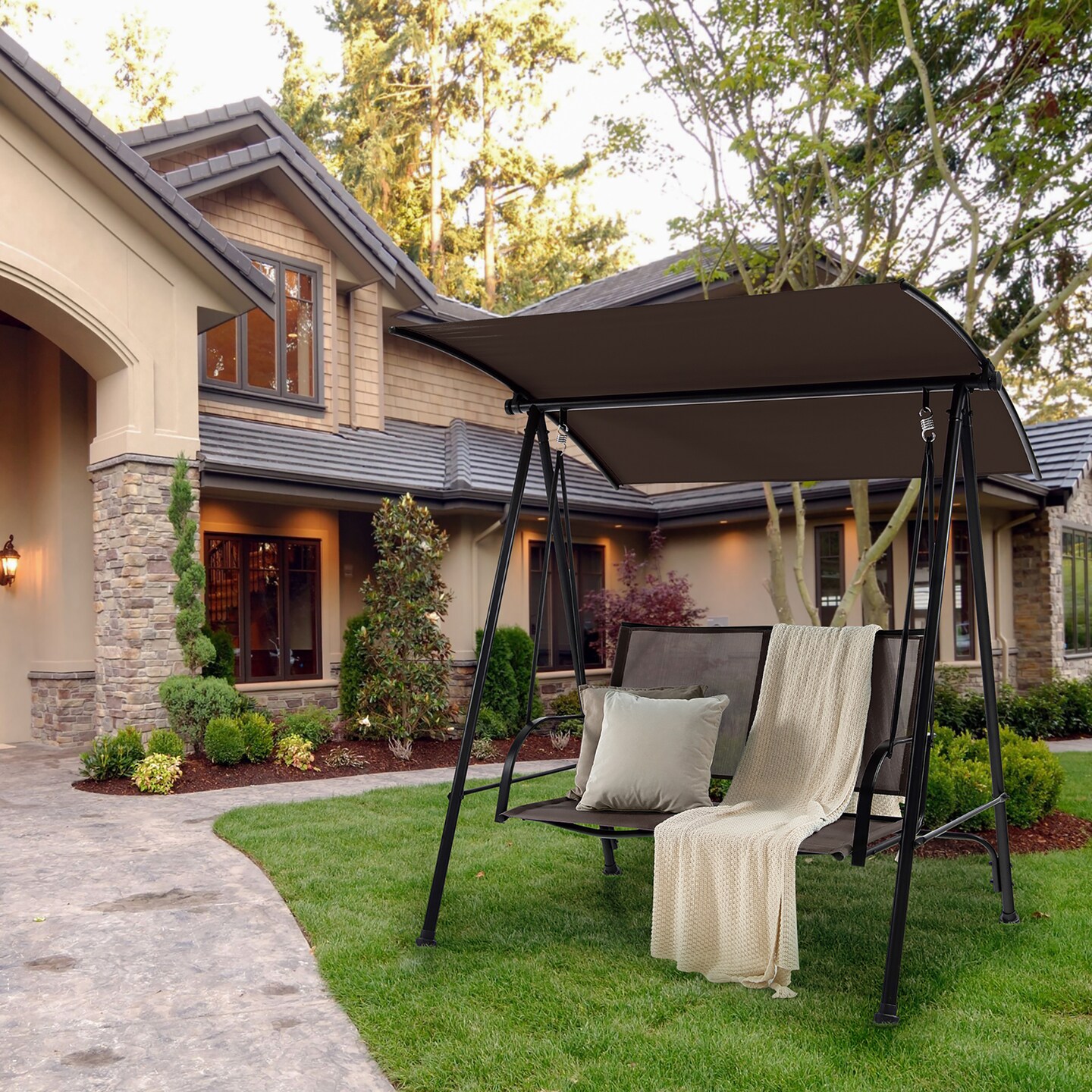 Costway 2-Seat Patio Swing Porch Swing with Adjustable Canopy for Garden Black/Dark Brown