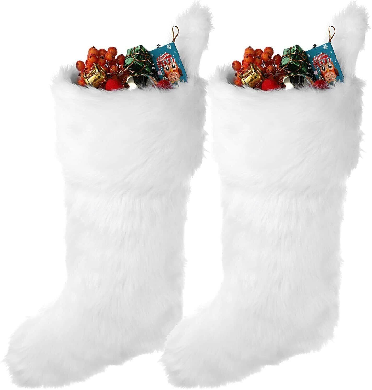 Large Set of 2 White Faux Fur Christmas Stockings 20&#x22;