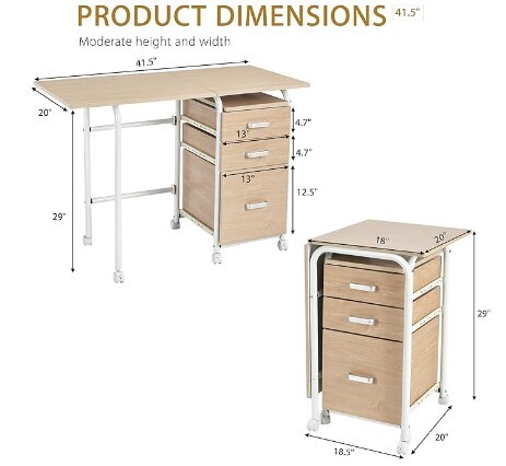 Rolling Folding Desk Table, Space-saving Compact Desk for Dorm Apartment, Study Writing Desk with Three Storage Drawers, and Folding Computer Desk with Smooth Wheels