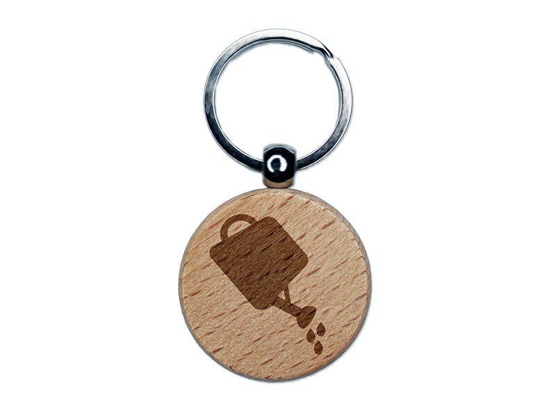Watering Can Gardening Plants Solid Engraved Wood Round Keychain Tag Charm