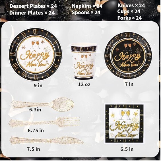 Happy New Year Party Supplies, New Year Party Plates, Cups, Napkins, and Cutlery, New Year Party Decorations for a New Year's Eve Party that serves 24 people
