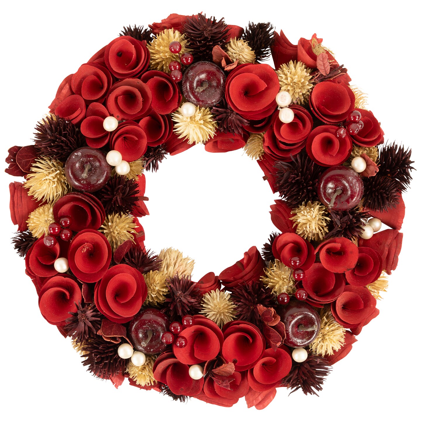 Northlight Wooden Roses, Apples and Pearls Artificial Christmas Wreath - 13" - Unlit - Red