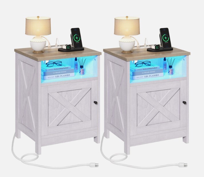 End Side Table Bedroom Farmhouse Nightstand with Charging Station and LED Lights