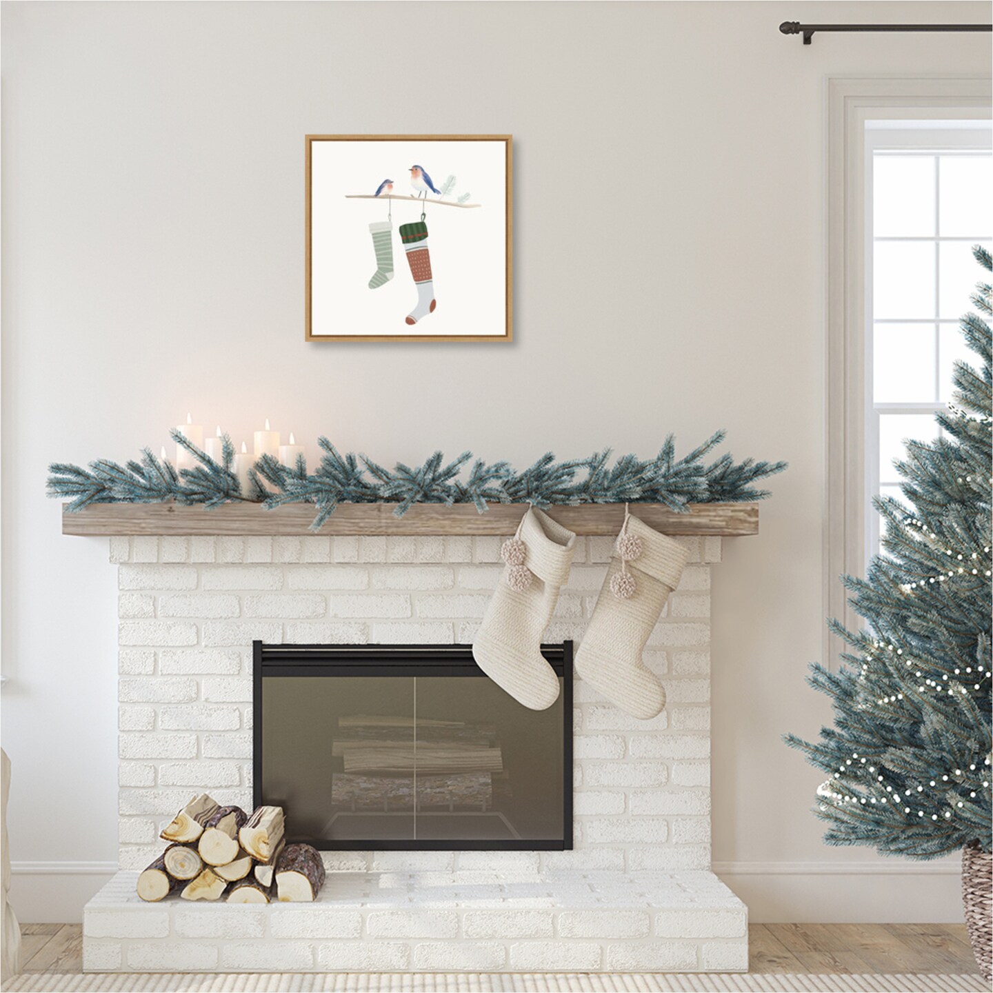 Blue Birds of Christmas Happiness I by Lucca Sheppard Framed Canvas Wall Art