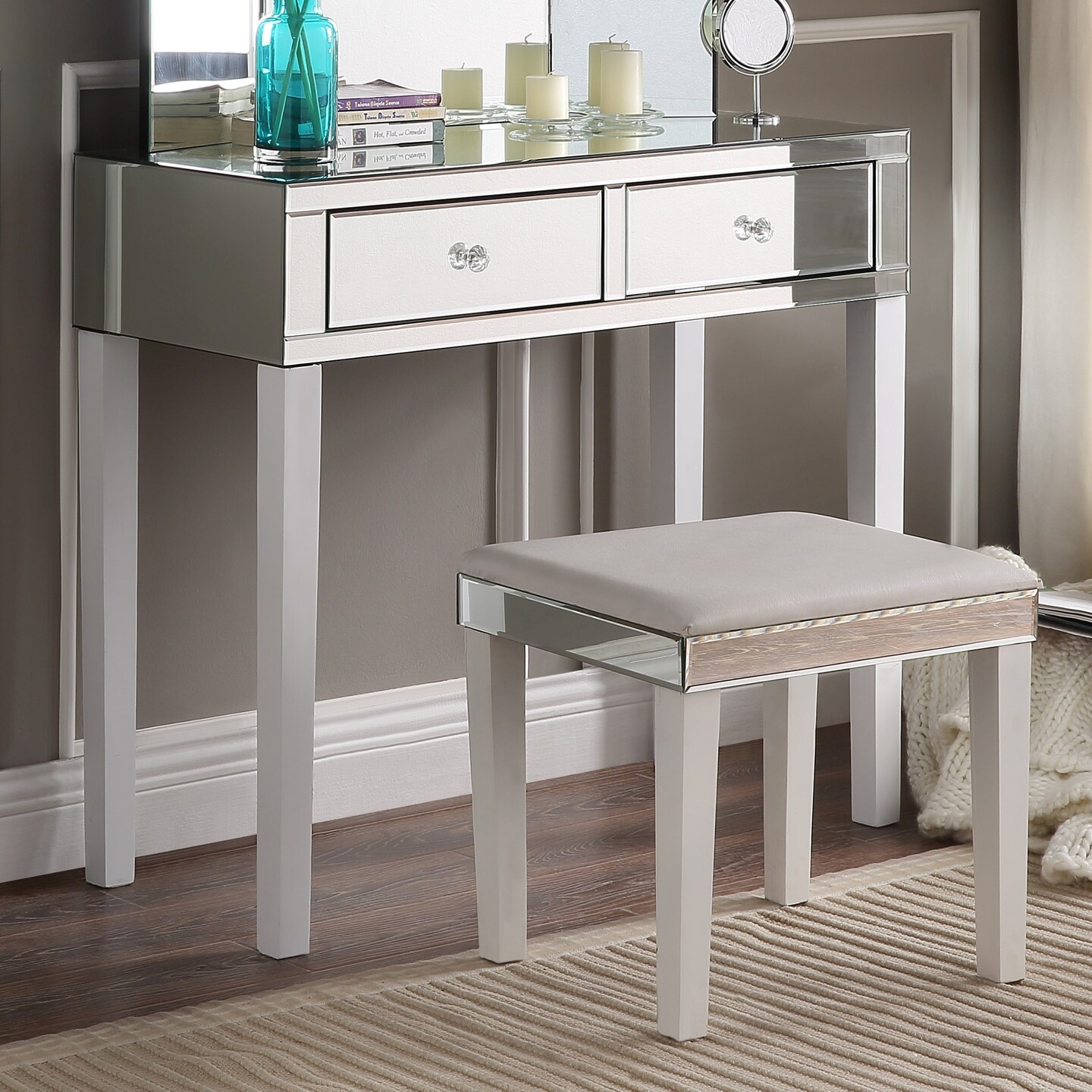 mirrored dressing table with mirror Louisa Glam Jewelry Furniture Mirrored 2 Drawers – Inspired Home