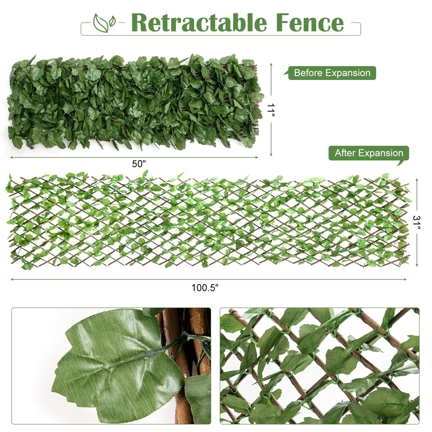 3 Pieces Retractable Artificial Leaf Faux Ivy Privacy Fence Screen Expandable