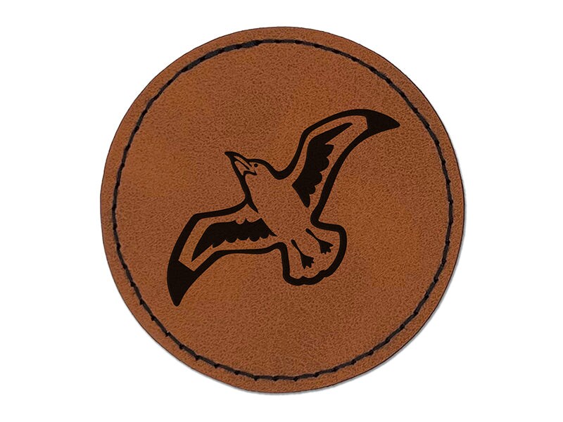 Seagull In Flight Marine Bird Round Iron-On Engraved Faux Leather Patch Applique - 2.5&#x22;