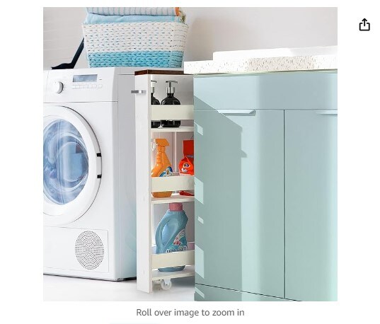 Slim Rolling Storage Cart, 4-Tier Utility Cart, Wood Kitchen Storage Cart with Handle and Wheels, Narrow Rolling Shelving Unit for Bathroom Laundry and Small Spaces