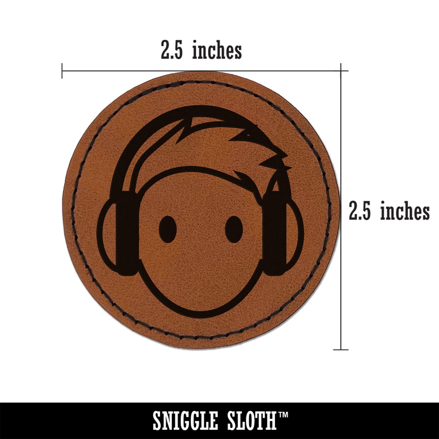 Occupation DJ with Headphones Icon Round Iron-On Engraved Faux Leather Patch Applique - 2.5&#x22;