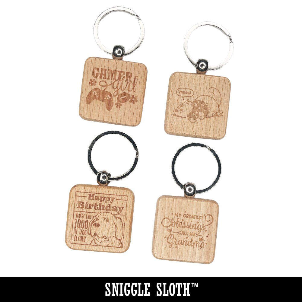Double French Horn Brass Musical Instrument Engraved Wood Square Keychain Tag Charm