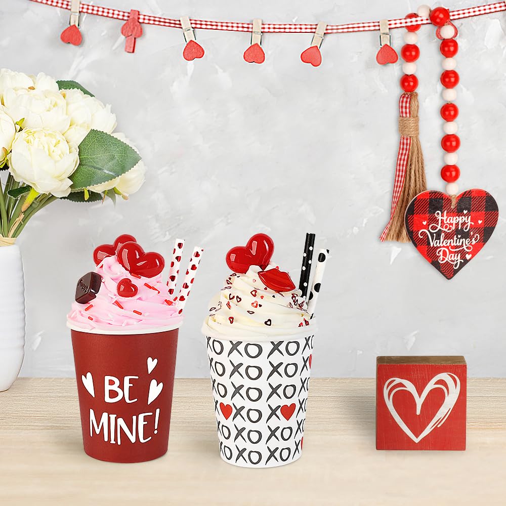 AKEROCK Valentines Day Decor, 2 PCS Paper Cups Filled with Artificial Whipped Cream for Table, Tiered Tray, Kitchen Coffee Bar - Valentines Day Decorations for the Home