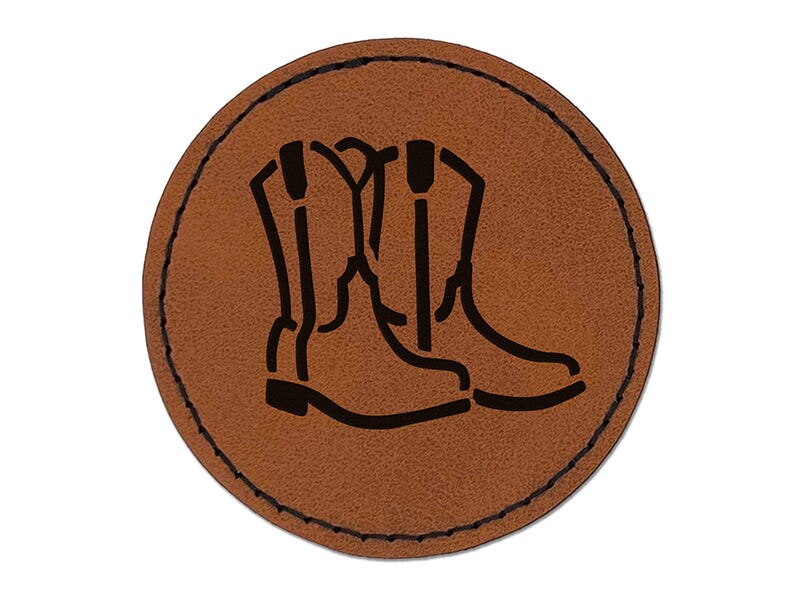Simple Cowboy Cowgirl Boots Country Farm Life Round Iron-On Engraved Faux Leather Patch Applique - 2.5&#x22;