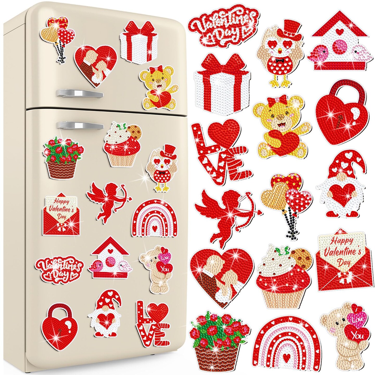Umigy 16 Pcs Valentine&#x27;s Day Diamond Painting Magnets for Refrigerator Heart Love Gnome Diamond Art Magnets DIY Red Valentines Day Diamond Painting Kits Diamond Art for Adults Kids Crafts Gifts