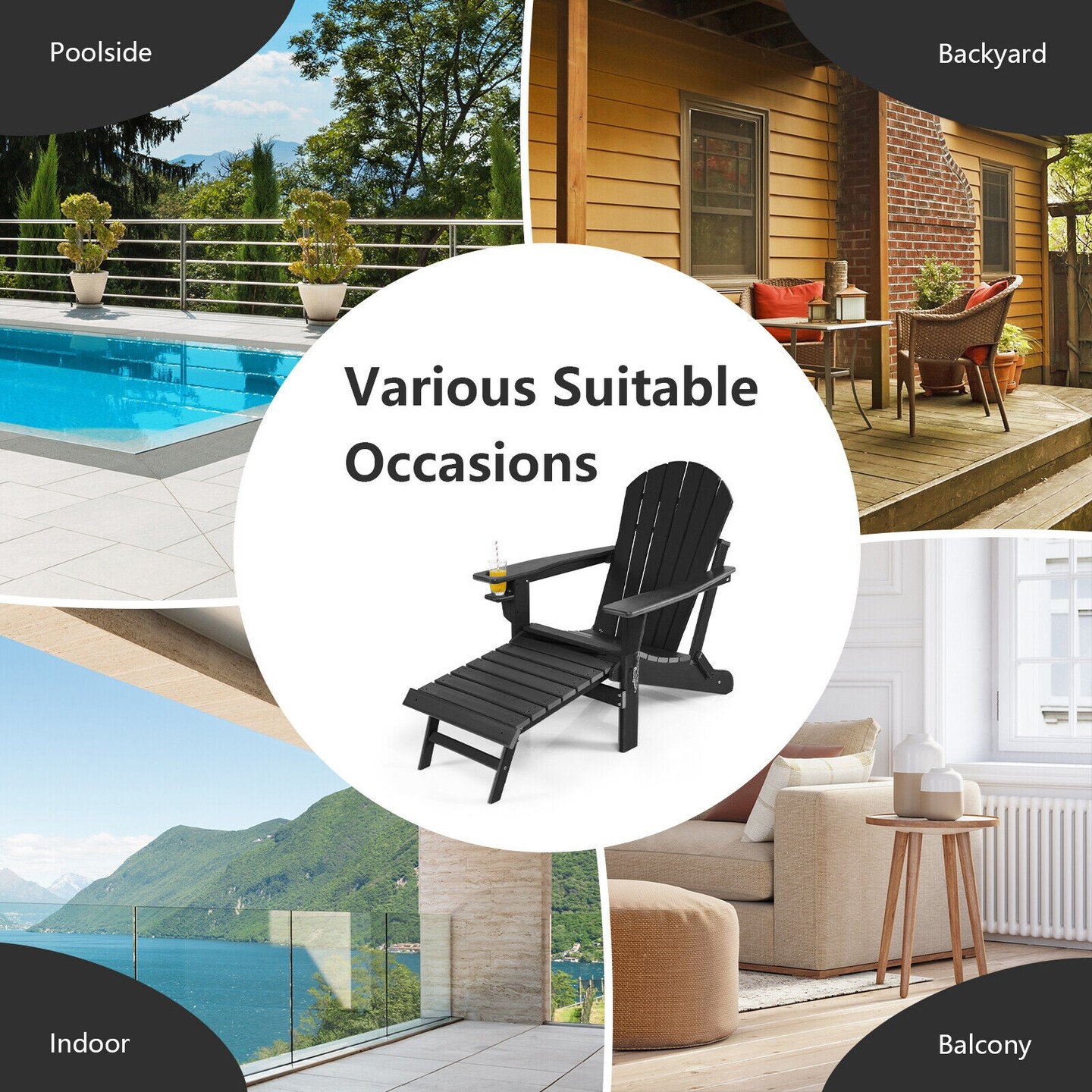 Patio All-Weather Folding Adirondack Chair with Pull-Out Ottoman
