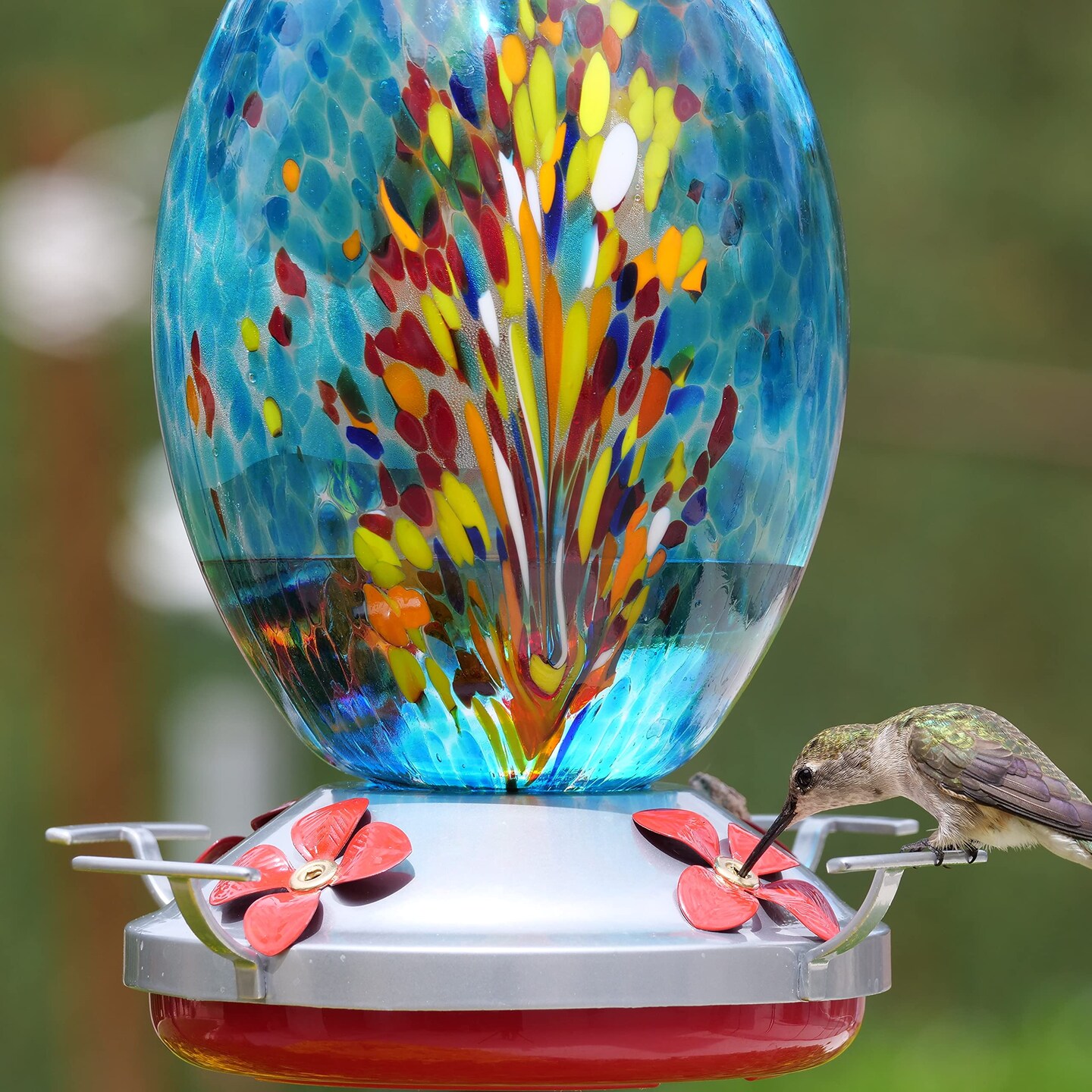 Hummingbird Feeders for Outdoors Hanging, Blown Glass Hummingbird Feeder, for Garden Backyard Decor, Unique Gifts Idea for Mom Older Women, 27OZ, Blue Fireworks