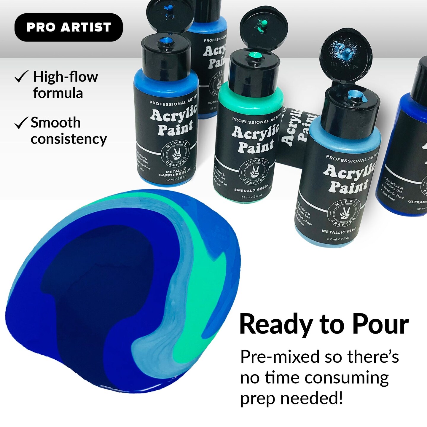 Paint Pouring Acrylic Paint Kit Ready to Pour Art and Liquid High Flow Painting Supplies Bulk 24 Color Craft Set with Metallics Fluid Acrylic Medium 2 FL Oz Bottles