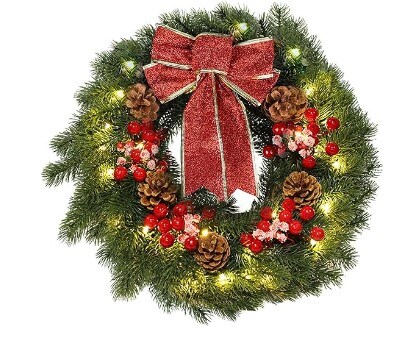 Lighted Christmas Wreath with 40 LED Warm White Lights for Winter Holidays Home Decoration 16 Inches LED Christmas Wreath with Pinecones Red Berries, Red Bowknot
