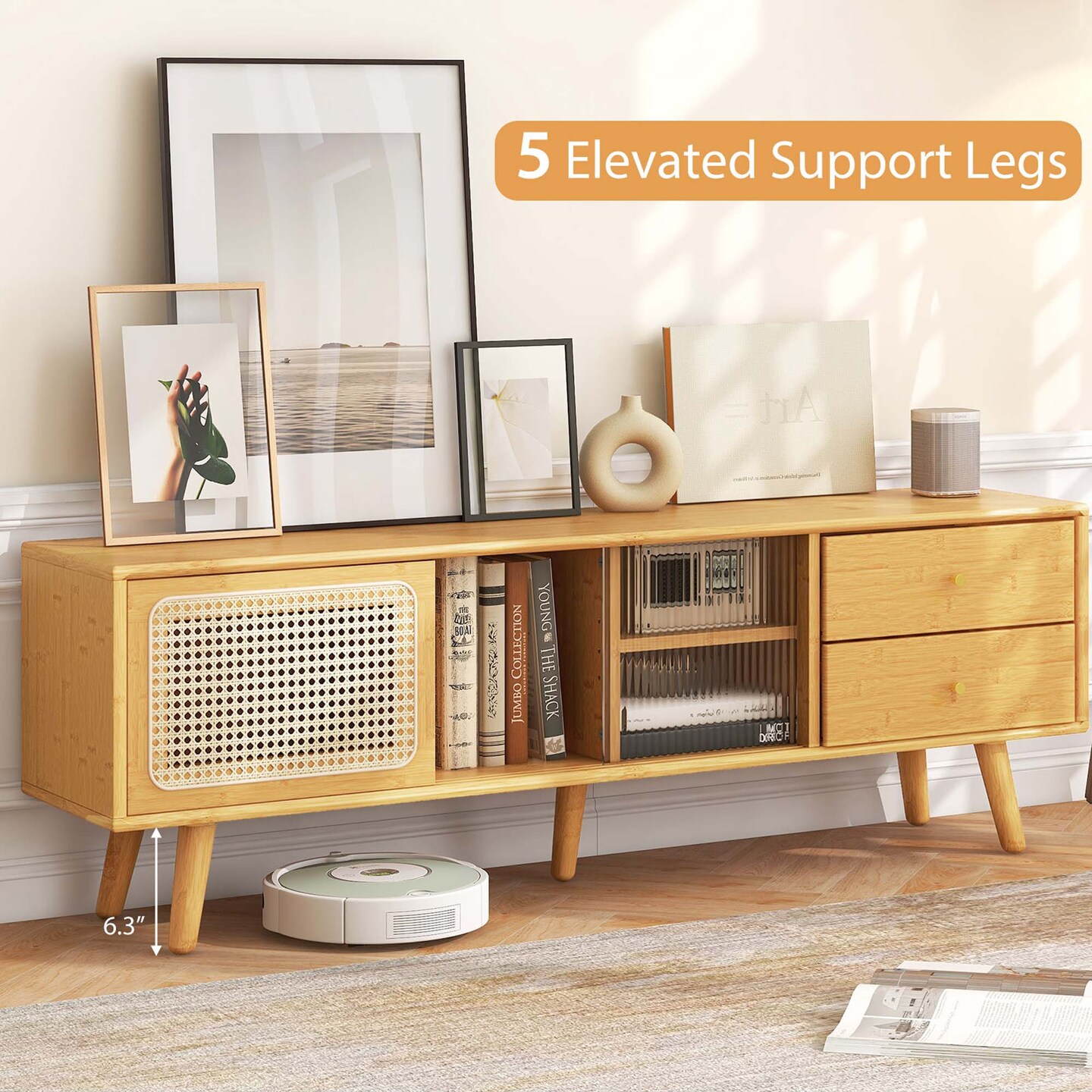 Costway Bamboo TV Stand Console Table with PE Rattan Door & 2 Drawers for TV up to 65" Brown/Natural