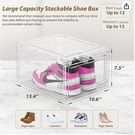 6 Pack X-Large Closet Shoe Organizer Storage Boxes, Modular Space Saving Shoe Boxes White Clear Plastic Stackable Sneaker Containers Display Case