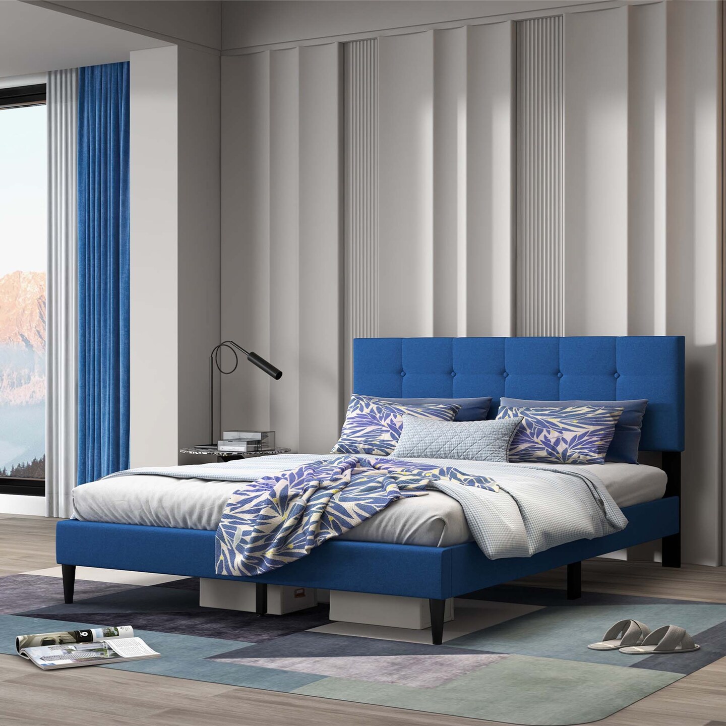 Costway Queen Upholstered Platform Bed Mattress Foundation Button Tufted Headboard Blue/Grey