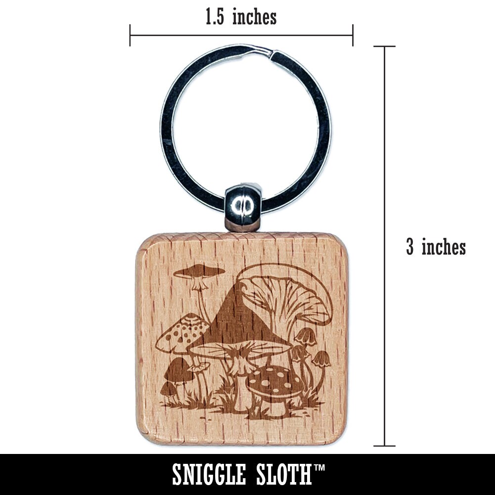 Whimsical Group of Mushrooms Fungus Fungi Engraved Wood Square Keychain Tag Charm