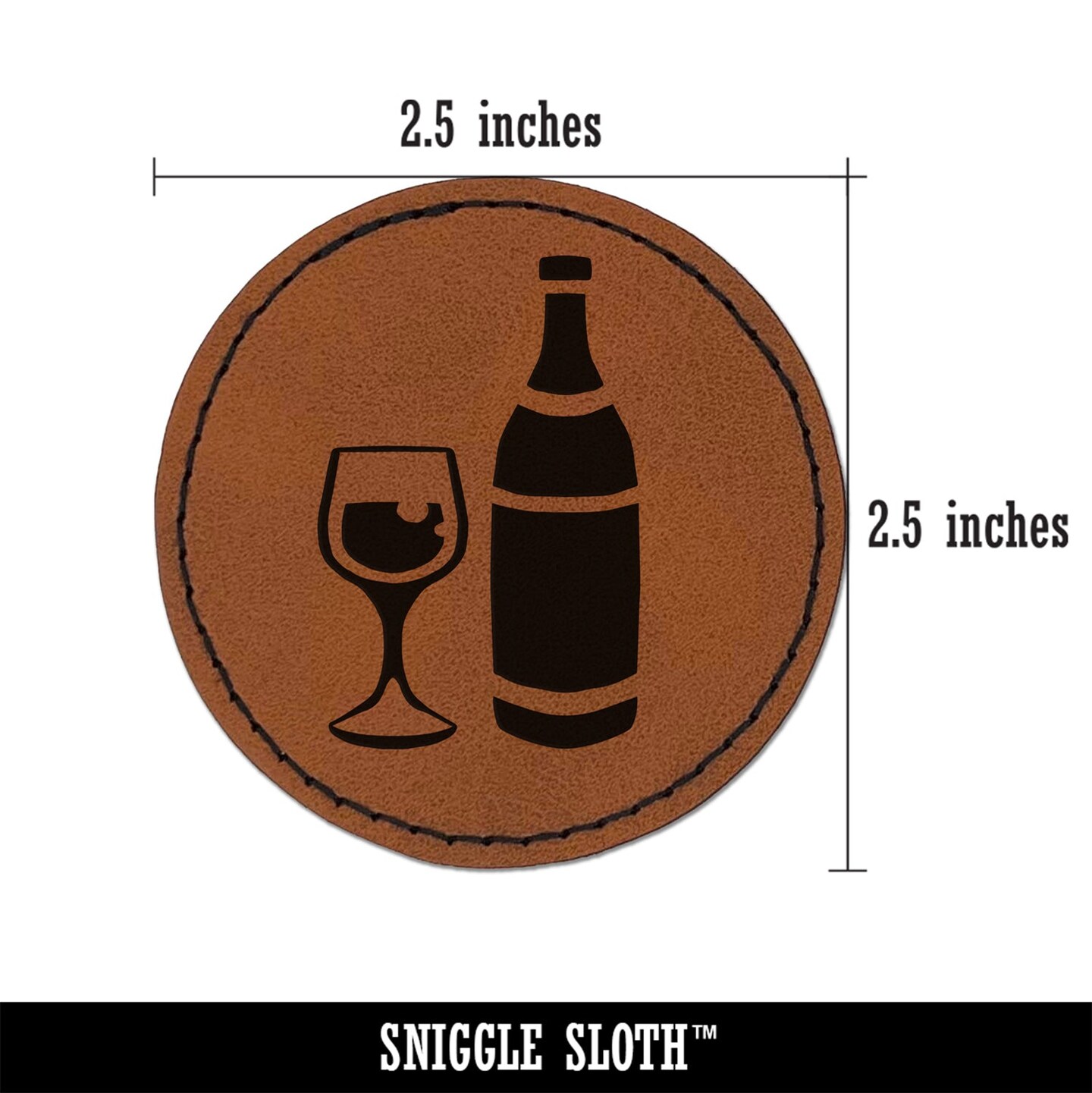 Fancy Wine Bottle and Glass Round Iron-On Engraved Faux Leather Patch Applique - 2.5&#x22;