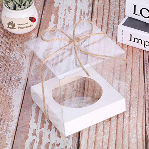 12 PCS Single Clear Cupcake Containers, Clear Boxes for Favors 3.5x3.5x3.5 inch, Wedding Favor Gift Box with Inserts and Ribbon,Individual Packaging for Display(White)