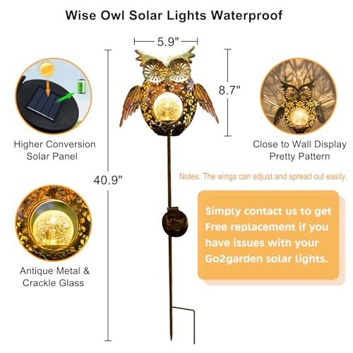 Solar Lights Outdoor Owl Decorative Metal Stakes Lights Crackle Glass Light for Lawn, Yard Art, Pathway, Patio Decor(Bronze)