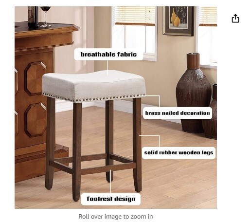 24-inch Height Backless Saddle Stools with Brass Nailhead Trim, Thick Cushion, Solid Wood Legs, Modern Bar Stools for Kitchen Island Bistro, Beige