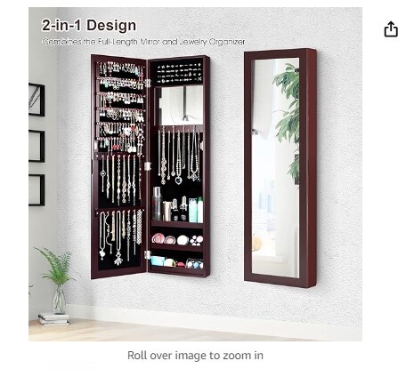 Full Length Mirror Jewelry Cabinet, Wall-Mounted Jewelry Organizer w/Makeup Mirror, Ring Slots and Necklace Hooks, Large Storage Jewelry Armoire for Bedroom, Dressing Room (Brown)