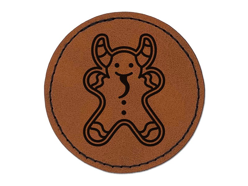 Krampus Gingerbread Cookie Christmas Holiday Round Iron-On Engraved Faux Leather Patch Applique - 2.5&#x22;