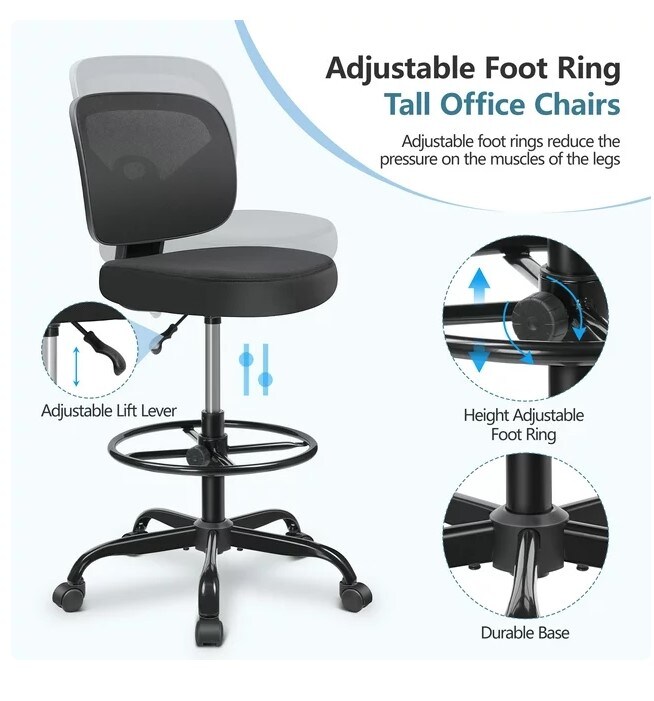 Tall Office Desk Chair with Adjustable Height and Footring, Low-Back Ergonomic Standing Desk Chair Mesh Rolling Tall Chair for Art Room, Office, or Home