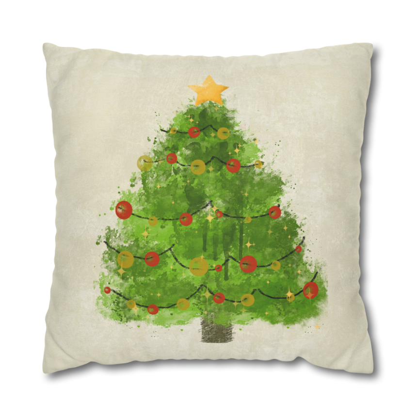 Watercolor Christmas Tree Square Pillow CASE ONLY, Holiday Throw