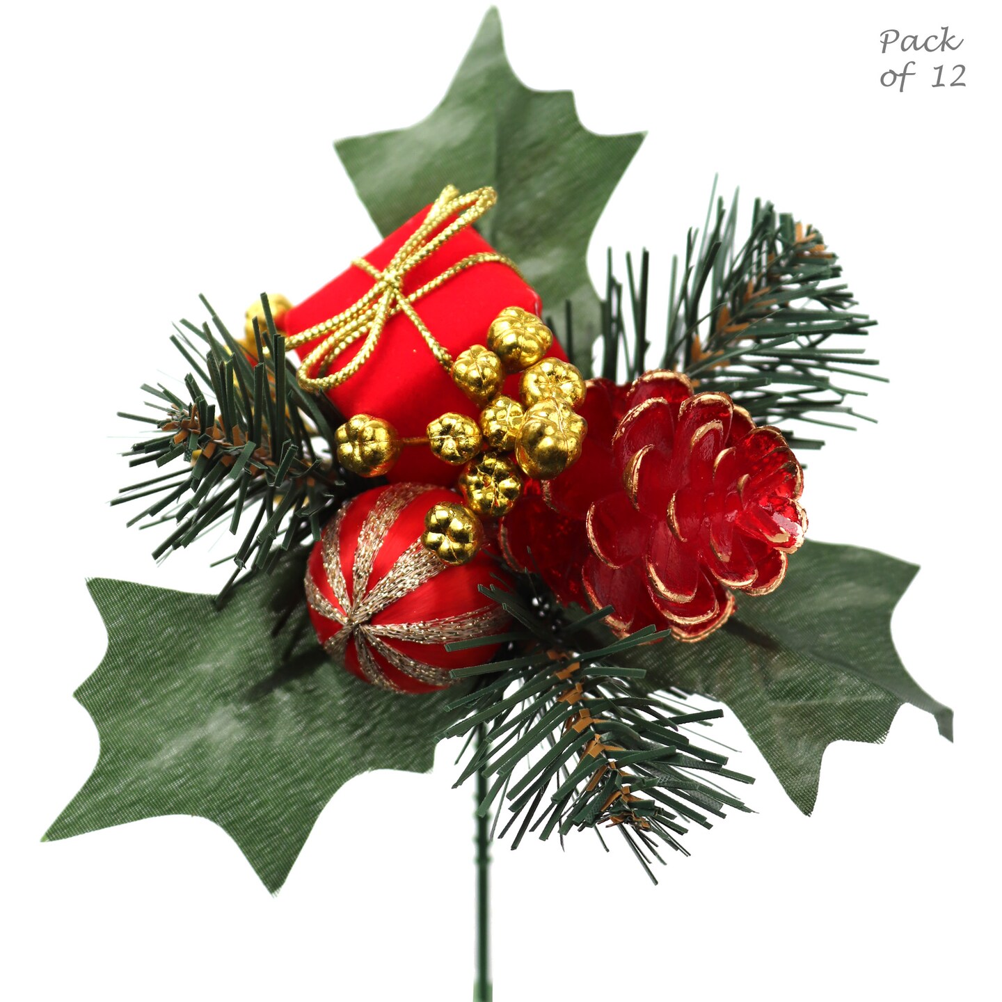 Velvet Wreath Picks with Gift Box, Berries, Pine Cones, & Ball | Holiday Xmas Accents | Trees, Wreaths, & Garlands | Gift Wrapping | Christmas Picks | Home & Office Decor (Set of 12)