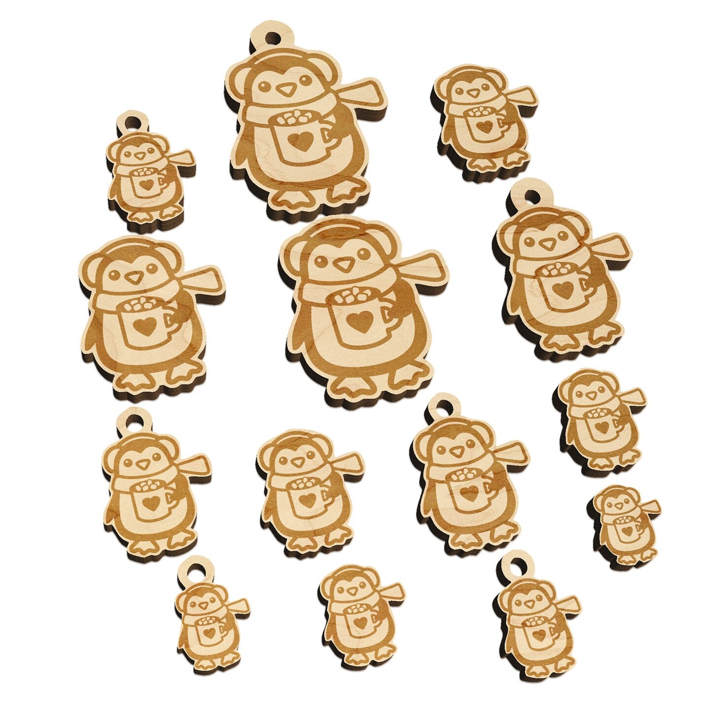 Winter Penguin with Hot Chocolate Heart Mug Mini Wood Shape Charms Jewelry DIY Craft