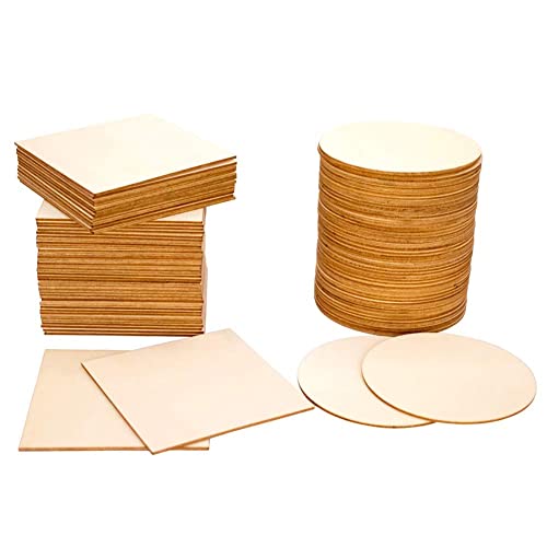100 Pieces of Unfinished Wood Chips 4x4 inch Blank Wood Chips for Handicrafts Home Decoration Wooden Coasters and DIY Crafts 50 Pcs Wood Squares and 50 Pcs Wood Circles