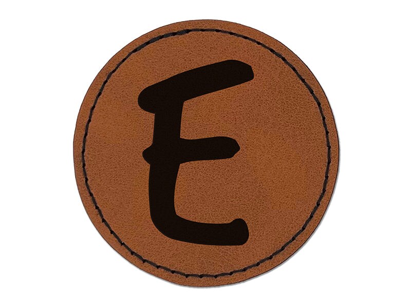 Letter E Uppercase Felt Marker Font Round Iron-On Engraved Faux Leather Patch Applique - 2.5"
