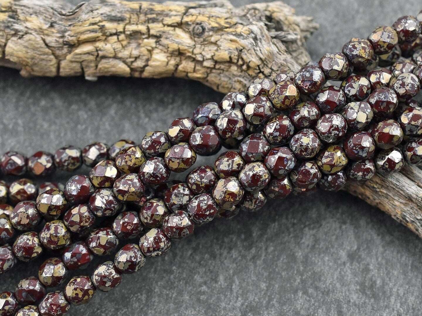 *25* 6mm Dark Red Silver Travertine Fire Polished Round Beads