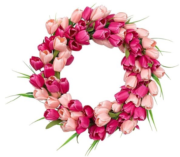20 Inch Valentine Door Wreath Tulip Wreath with Red Pink Artificial Tulip Flowers Valentines Day Wreaths for Front Door