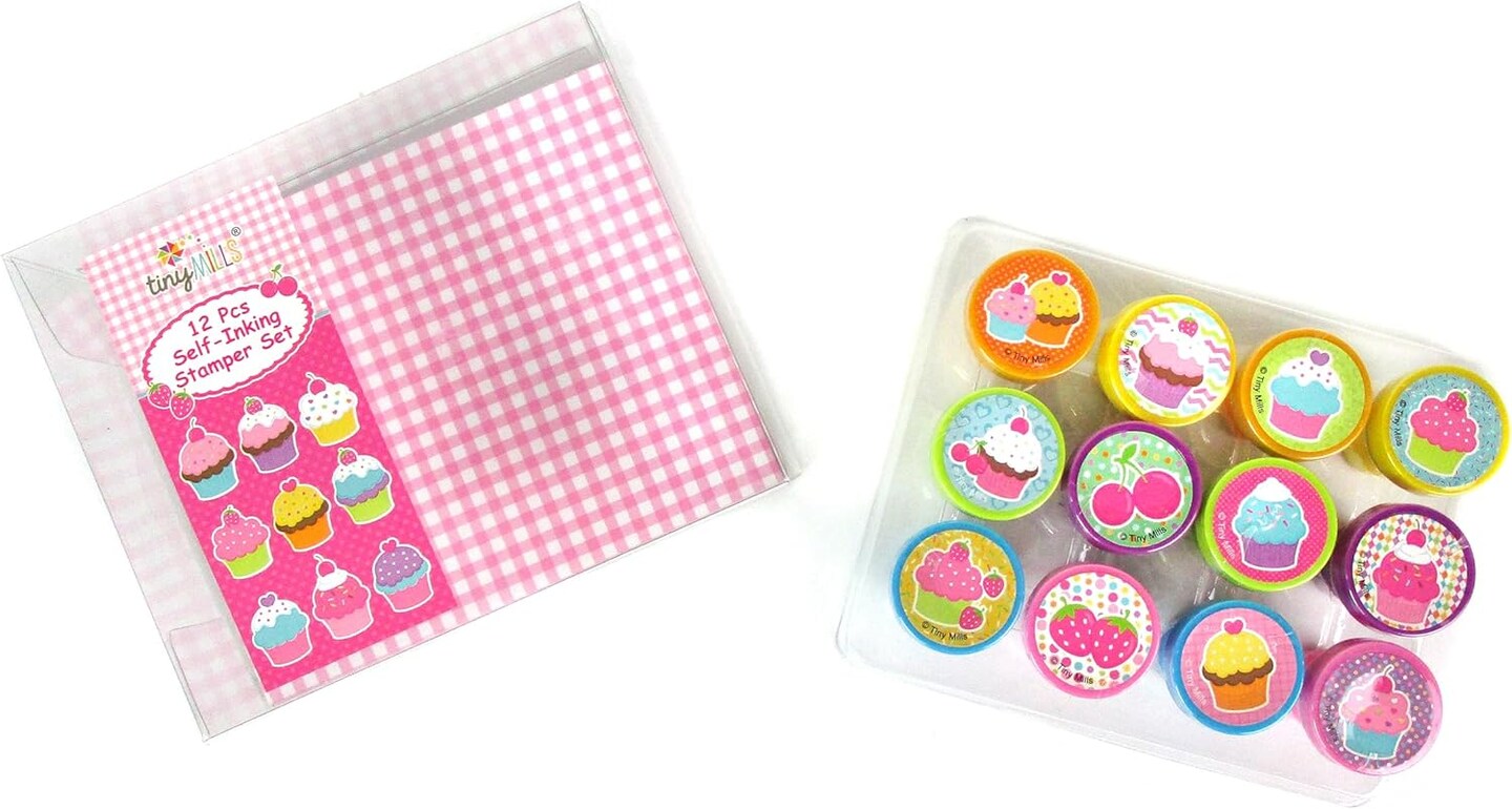 TINYMILLS 12 Pcs Cupcakes Stamp Kit for Kids - Cupcake Self Inking Stamps Gift Party Favors