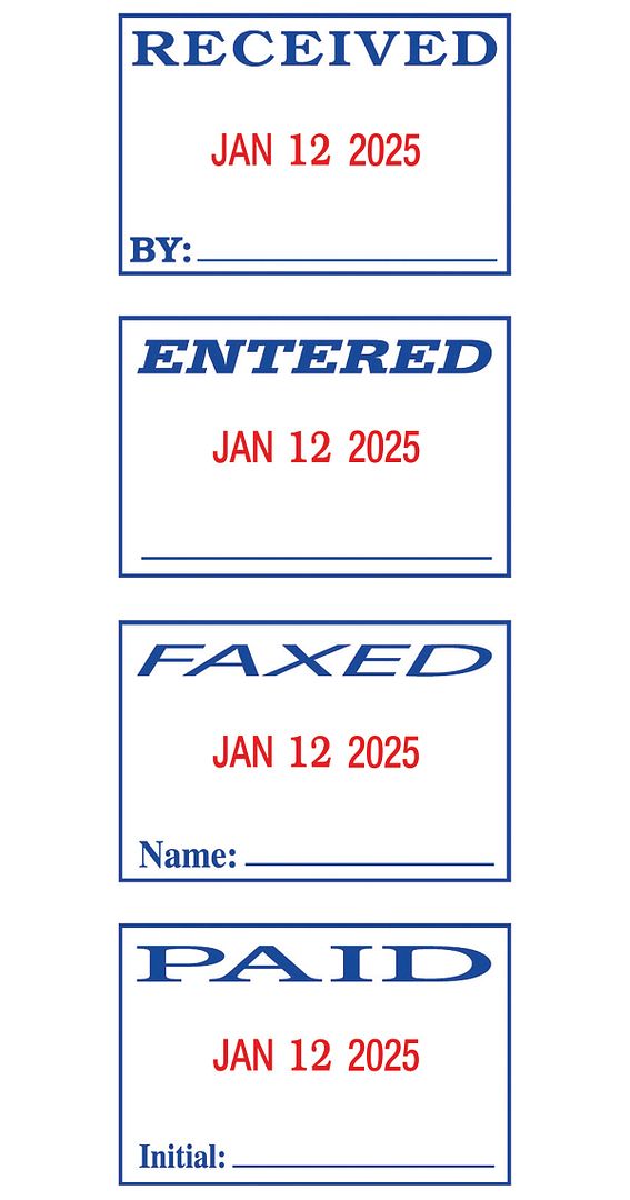 2000 PLUS Date and Phrase 4-in-1 Stamp with Band Shield, 2-Color ENTERED, FAXED, PAID, RECEIVED, 1-/4&#x22; X 1-13/16&#x22; Impression, Self-Inking, Red and Blue Ink