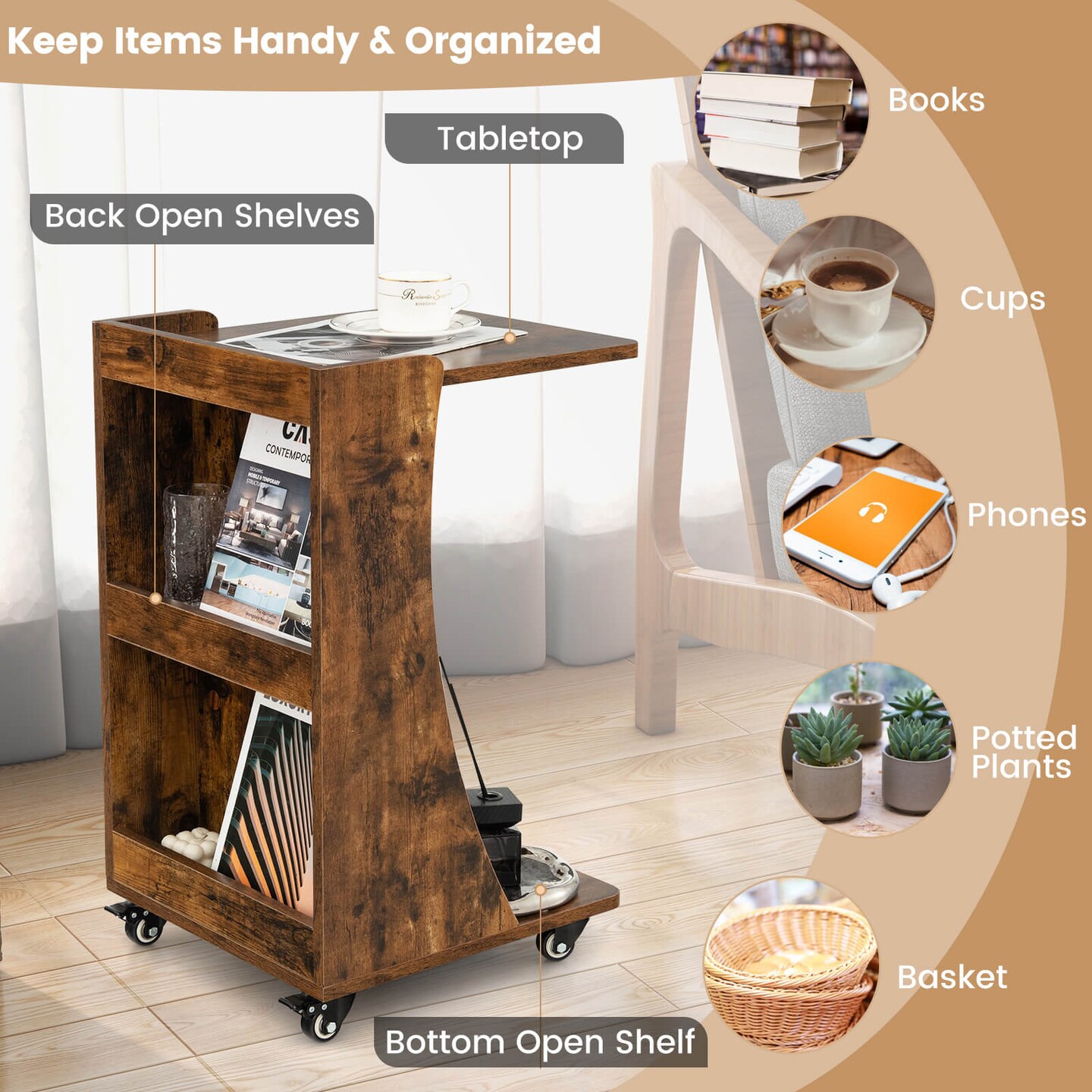 C-shaped Rolling End Side with Back Storage Shelves beside Sofa