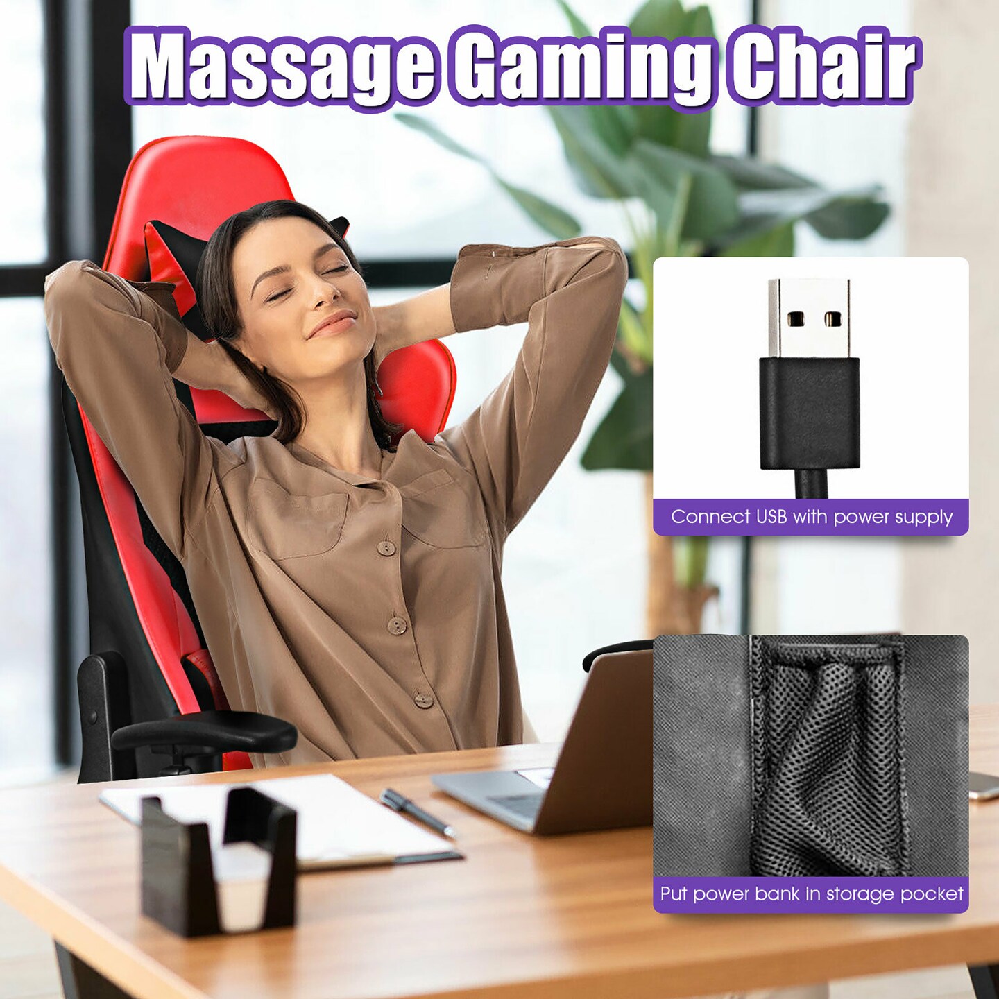 Costway Massage Gaming Chair Recliner Racing Chair w/ Massage Lumbar Support &#x26; Footrest