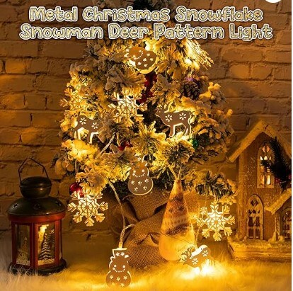 Metal Christmas String Lights 6 FT 10 LED Battery Operated Fairy Decor Hanging Lights for Christmas Xmas Tree Room Party, Warm White Christmas Snowflake Snowman Deer Pattern Light